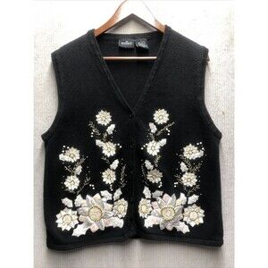 IN resource Womens Sweater Vest Size XL Black Embroidered Flowers Beaded